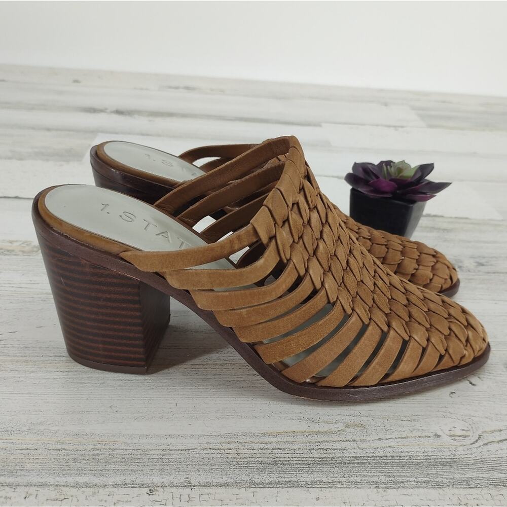 1 State Licha Woven Leather Tan Mules Block Heels Clogs Slip Ons Size 8
